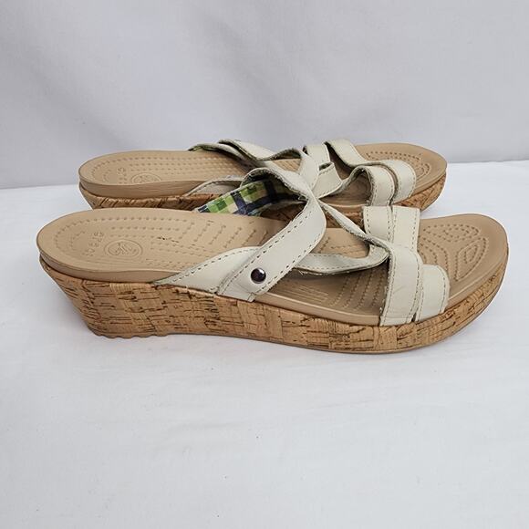Crocs A Leigh Mini White Leather Wedge Women's Summer  Open Toe Sandal Size 8 - Picture 3 of 12